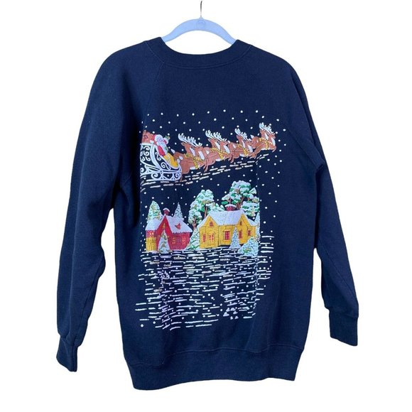 Vintage Tops - vintage Hanes black ugly Christmas sweater Santa reindeer sweatshirt 80s 90s L